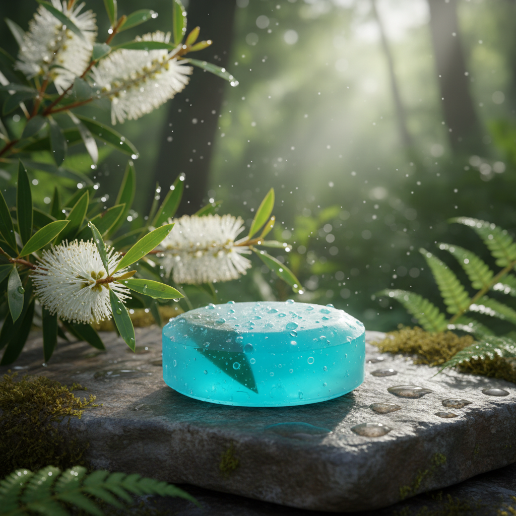 Jabón artesanal de árbol de té en bosque natural
