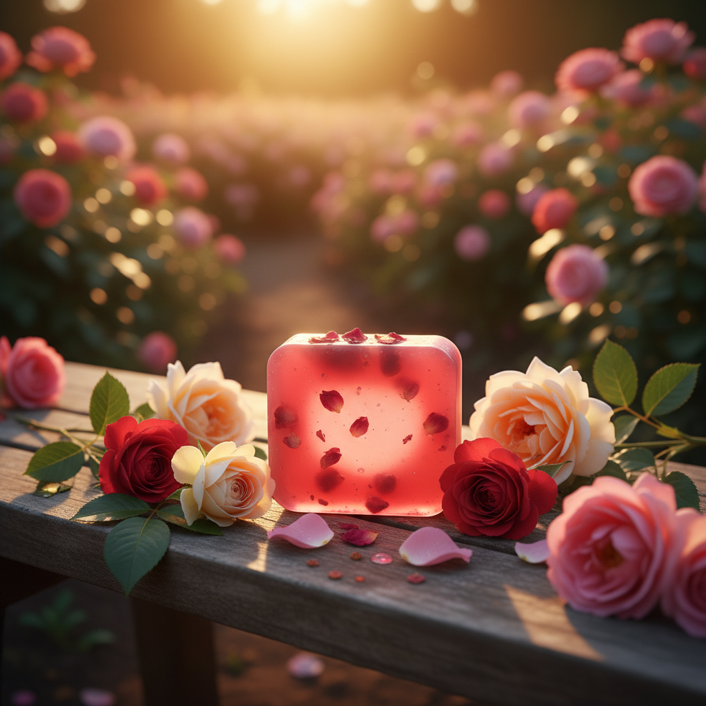 Jabón de rosa en jardín al atardecer