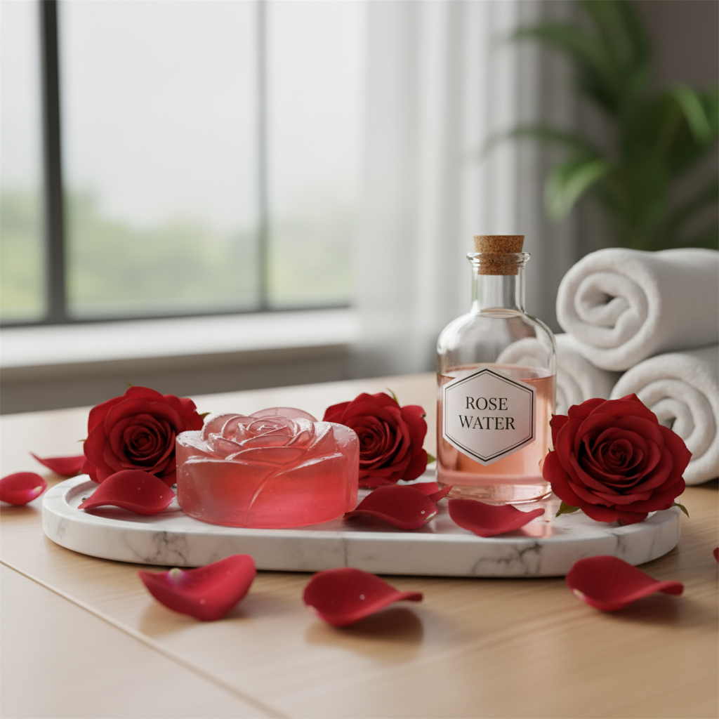 Jabón de rosa en bandeja de mármol