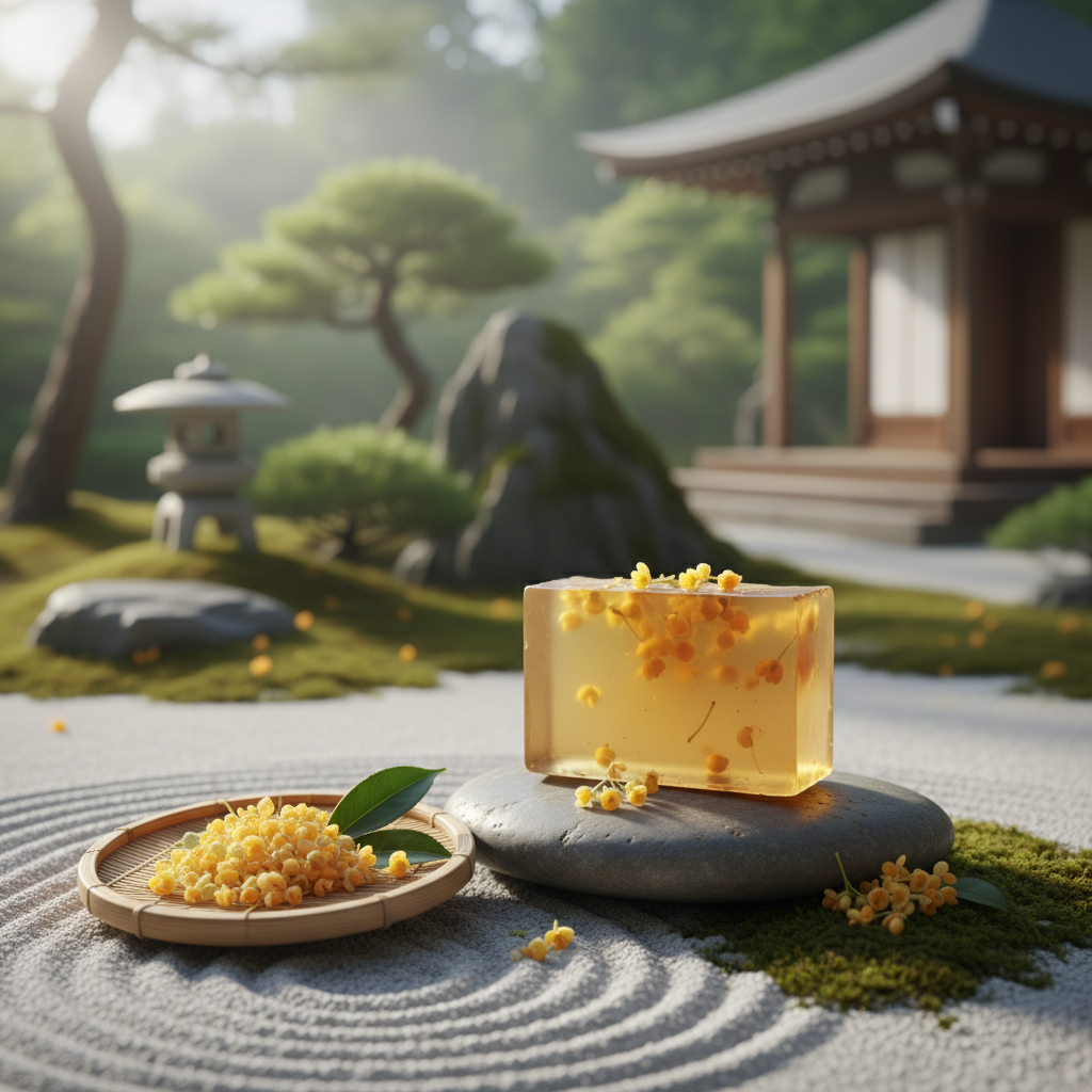 Jabón artesanal de osmanthus en jardín zen asiático