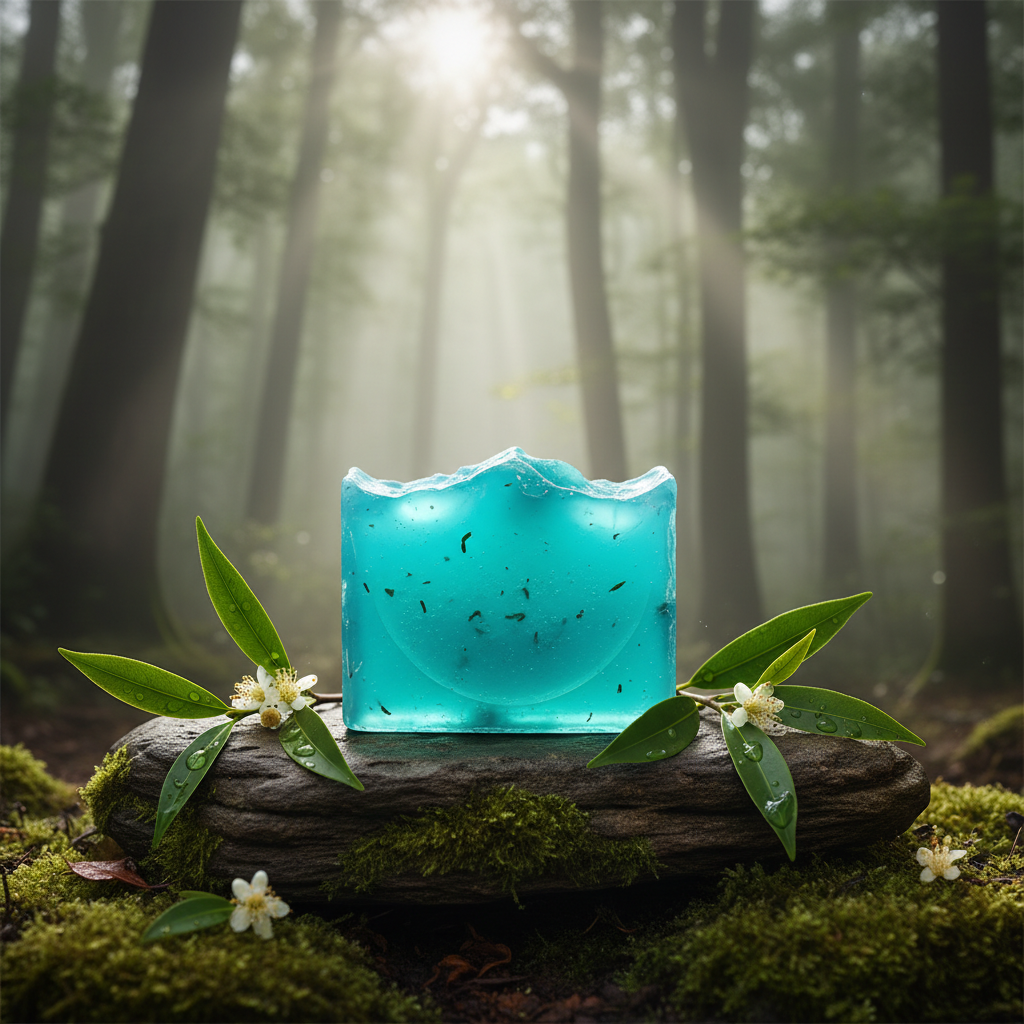 Jabón de árbol de té en bosque brumoso
