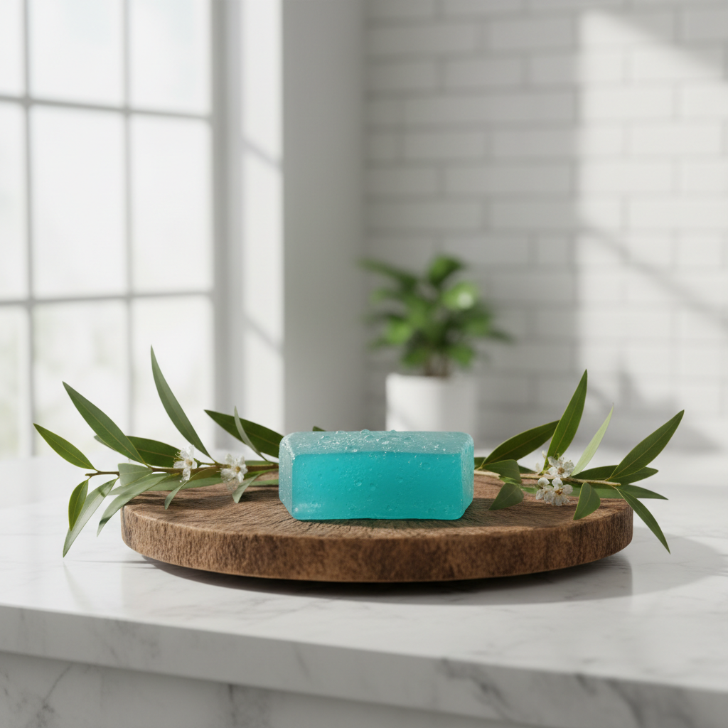 Jabón de árbol de té en bandeja de madera