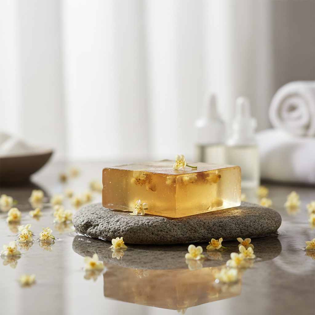 Jabón de osmanthus con flores flotantes
