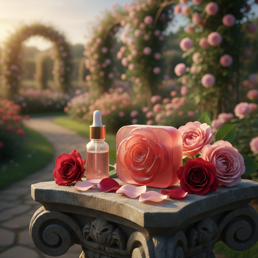 Jabón artesanal de rosa en jardín romántico